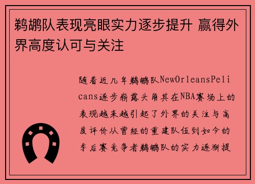 鹈鹕队表现亮眼实力逐步提升 赢得外界高度认可与关注