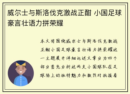 威尔士与斯洛伐克激战正酣 小国足球豪言壮语力拼荣耀