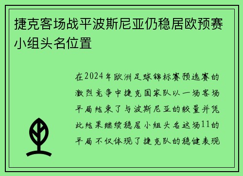 捷克客场战平波斯尼亚仍稳居欧预赛小组头名位置